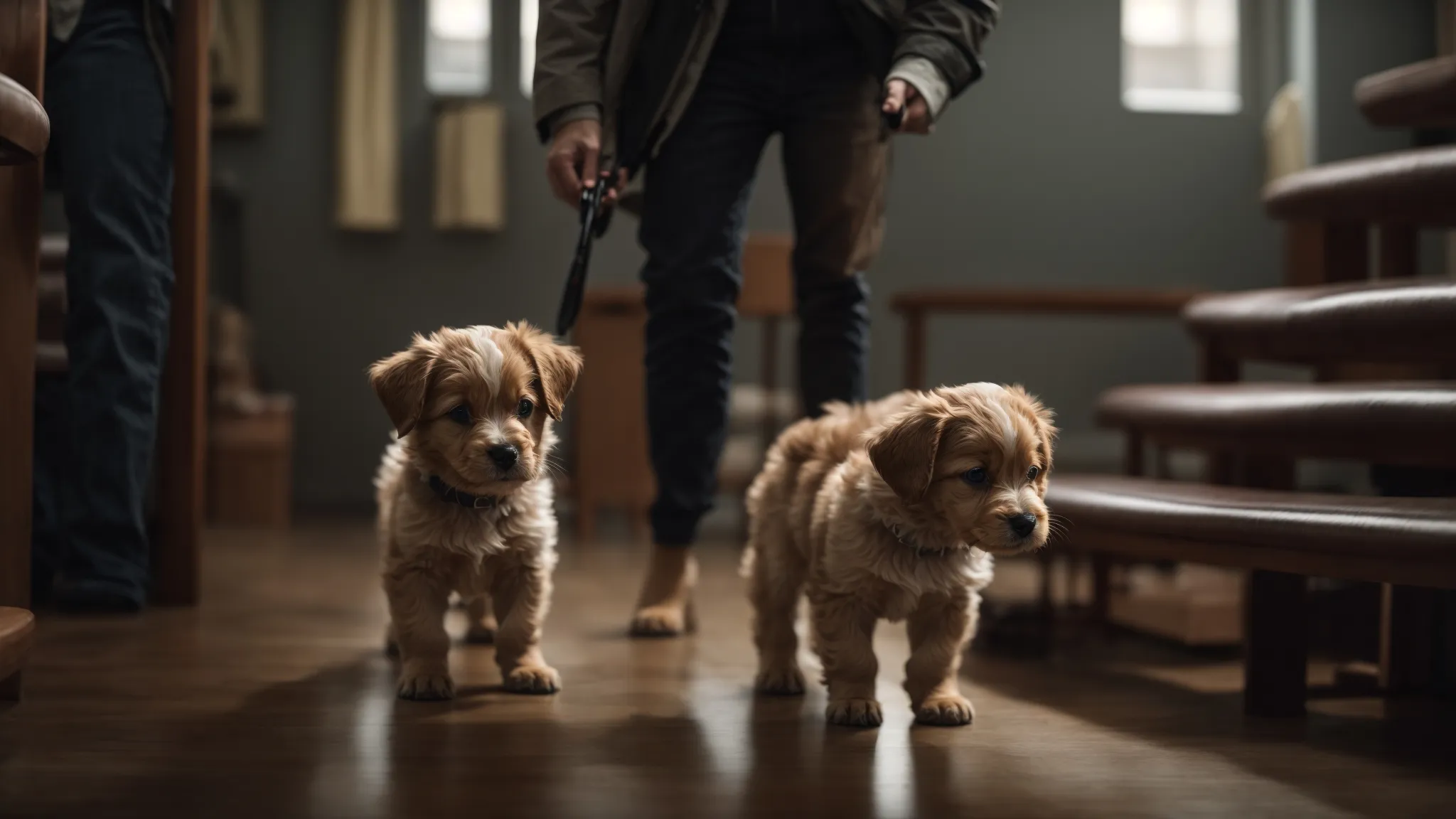 a lively puppy attentively follows a trainer's guidance indoors.