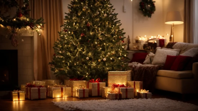 a cozy living room corner adorned with twinkling lights and a stack of wrapped presents nestled under a beautifully decorated christmas tree.