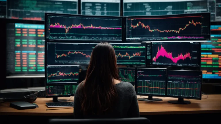 a person intently glancing at multiple computer screens displaying colorful stock market charts.