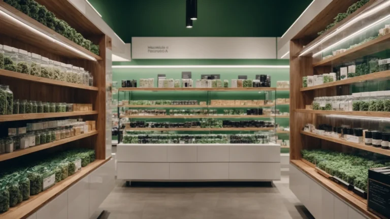 a neatly organized display of cannabis products in a clean and welcoming store.
