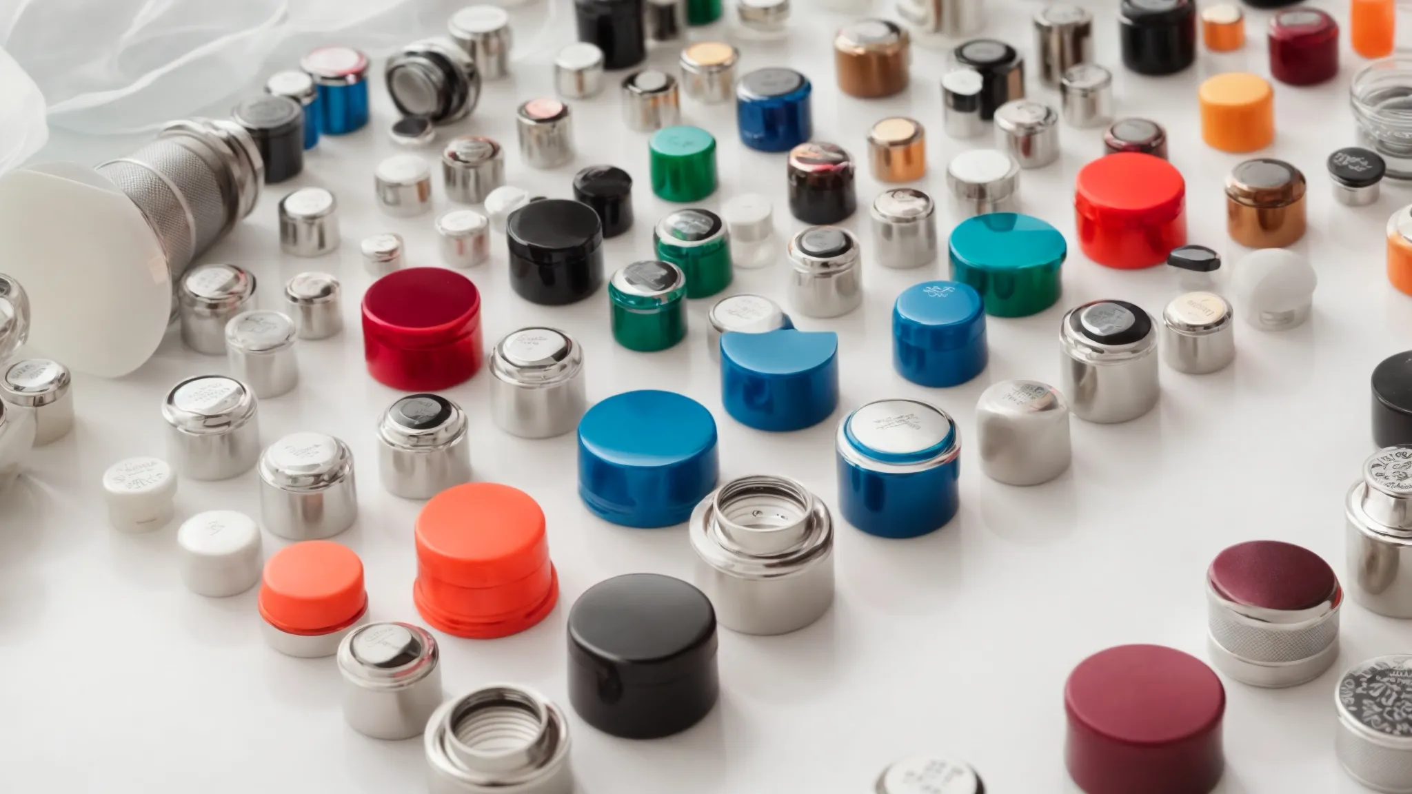a row of various sizes and types of colorful caps and plugs neatly displayed on a white surface.