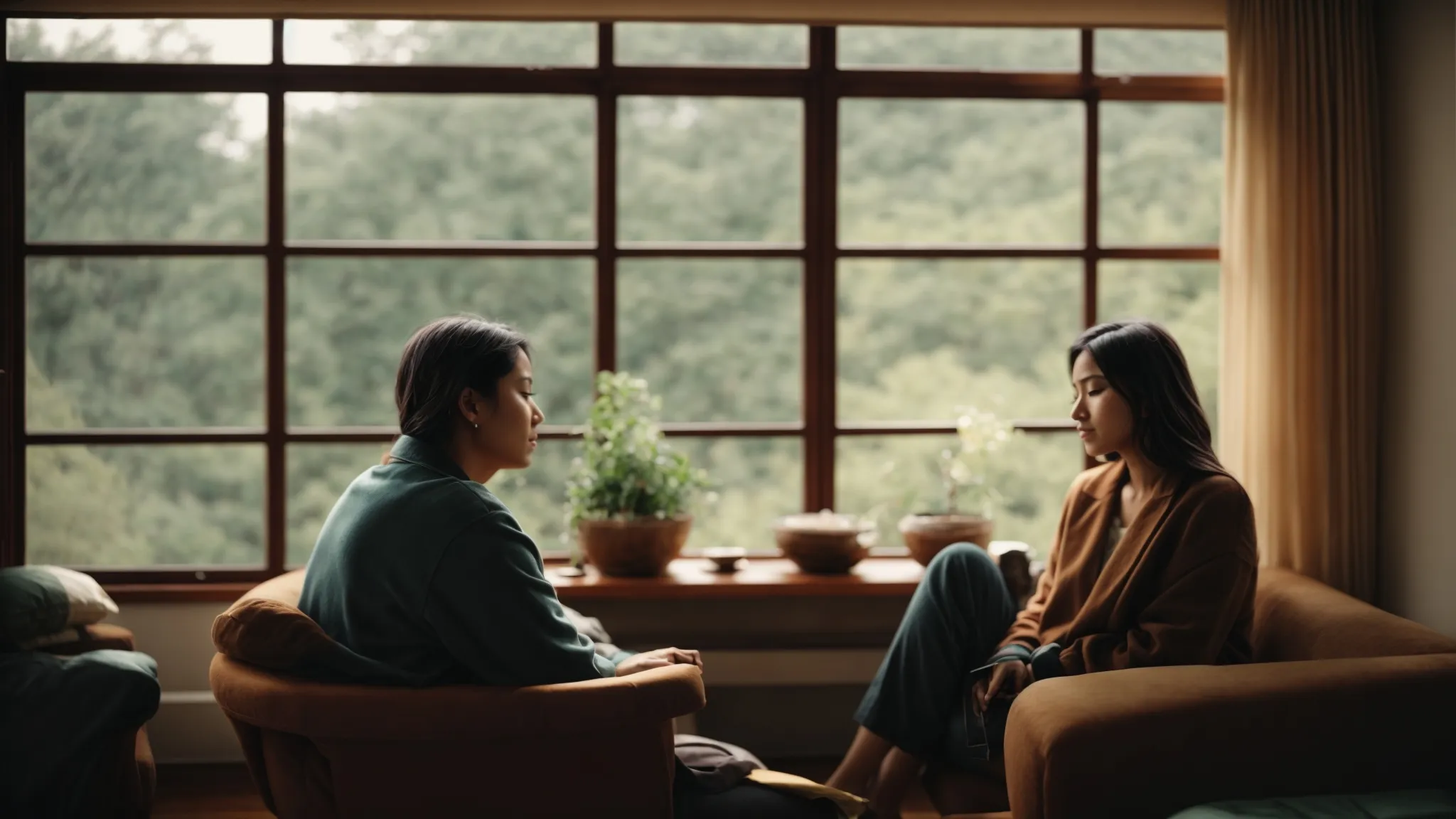 a tranquil setting with someone sitting comfortably in a cozy room, talking softly with a therapist beside a window showing a serene view.