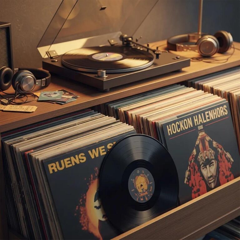 Colorful vinyl records on a wooden shelf with a turntable, representing the resurgence of vinyl music in 2023