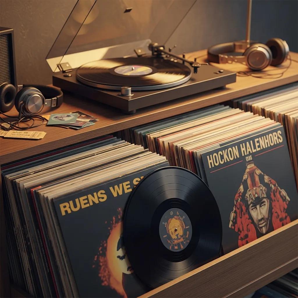 Colorful vinyl records on a wooden shelf with a turntable, representing the resurgence of vinyl music in 2023