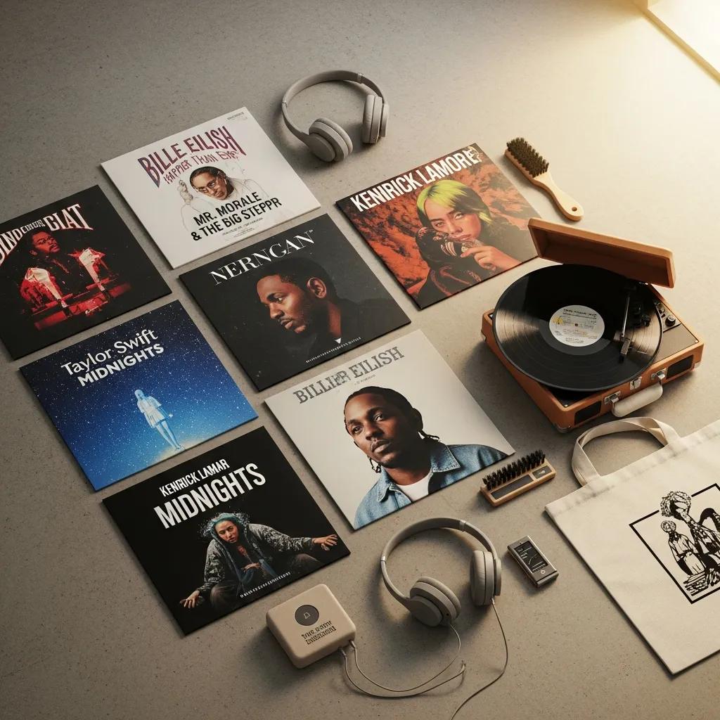 Flat lay of new vinyl album covers from Taylor Swift, Kendrick Lamar, and Billie Eilish, showcasing the latest music trends