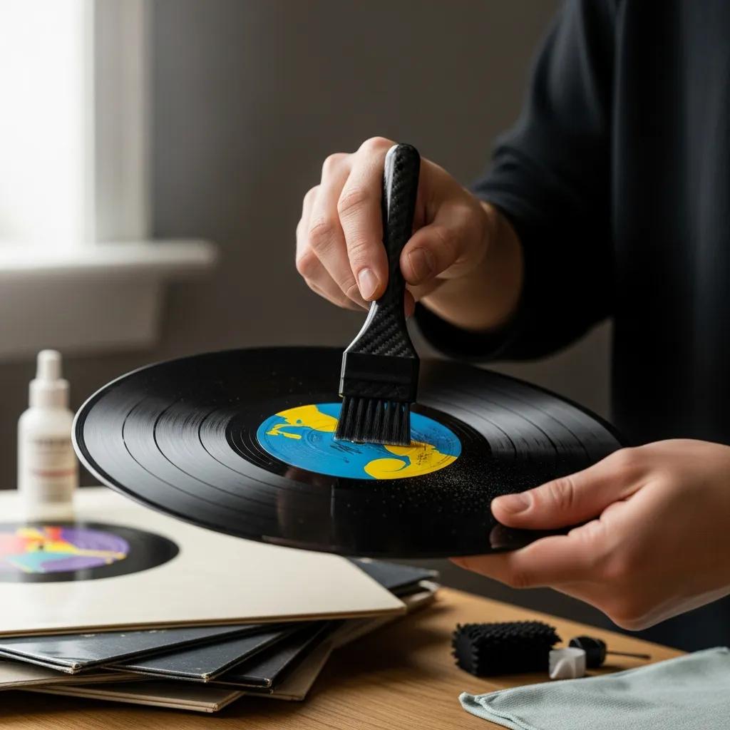 Person cleaning a vinyl record with a carbon fiber brush, highlighting best practices for vinyl maintenance