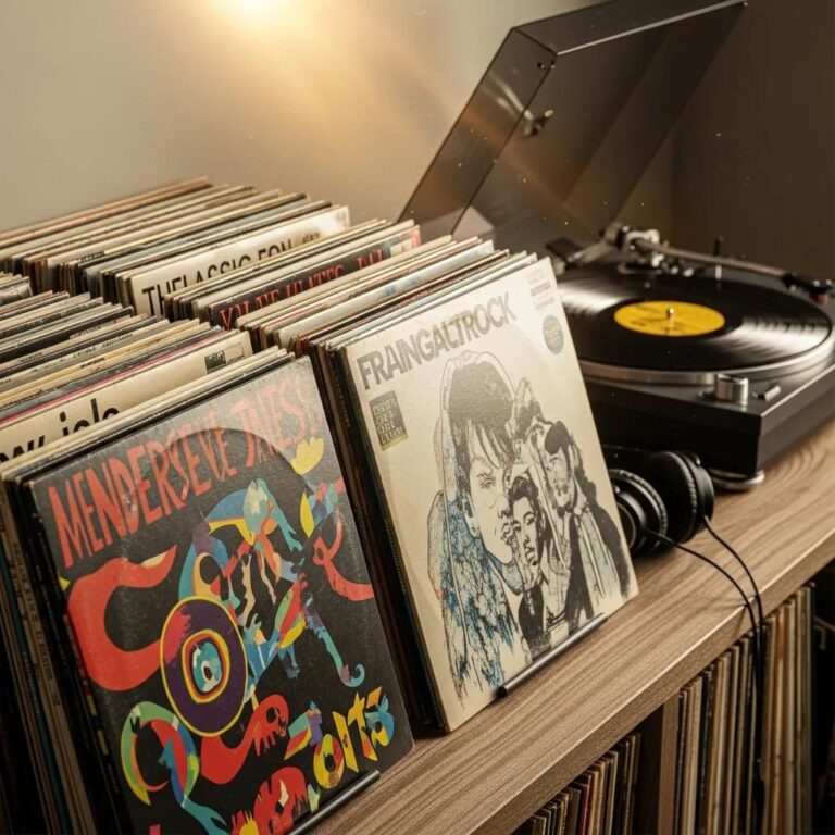 Collection of colorful vinyl records on a wooden shelf, showcasing the nostalgia of music collecting